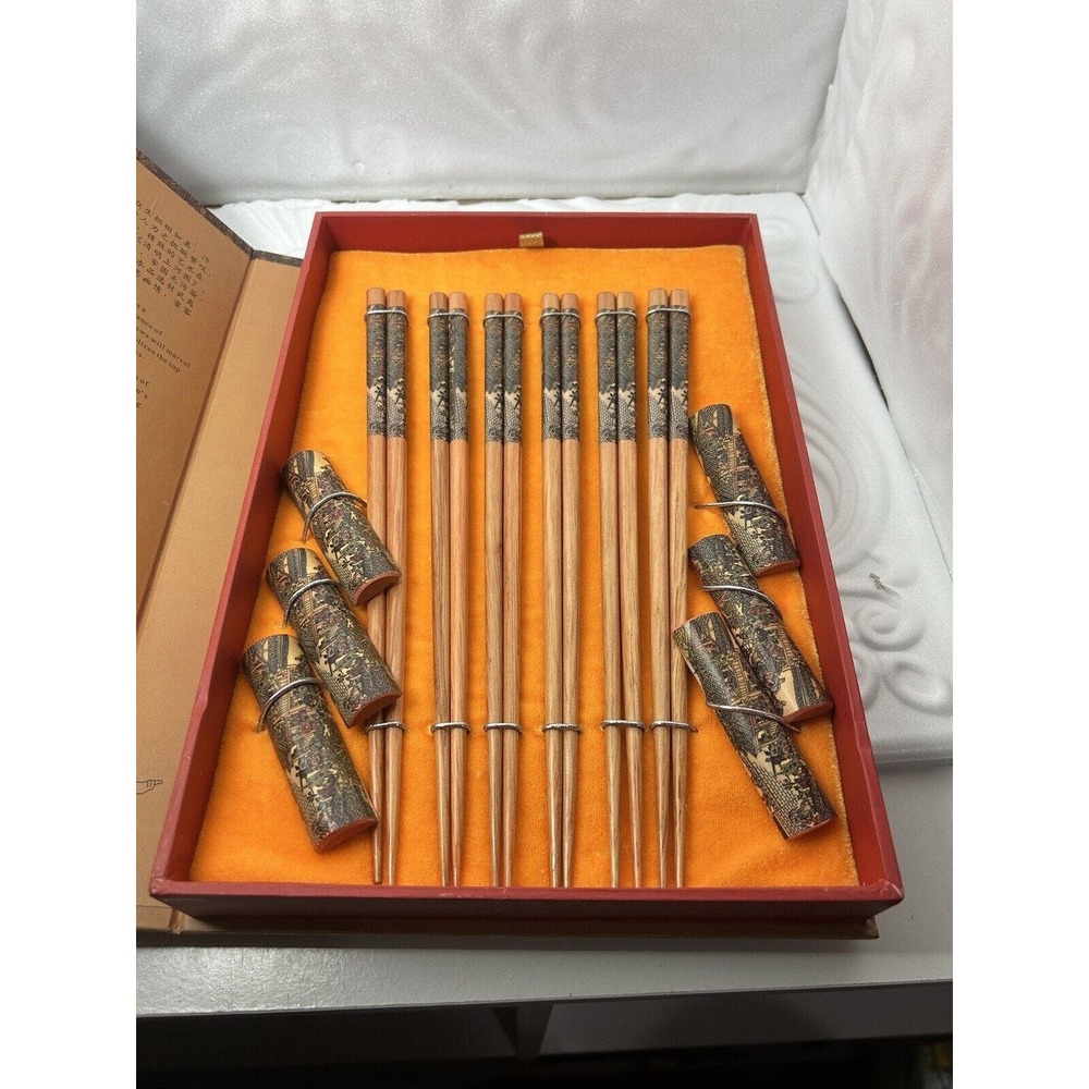 VTG Wooden Chopsticks & Chopstick Rest Holders in Box Set Of 6 NEW